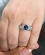 Load image into Gallery viewer, Natural Oval Shape Sapphire And Round Cut Sides Diamonds Engagement Ring Filigree Wedding Ring Right Hand Ring 14K Solid White Gold 2.15ctw