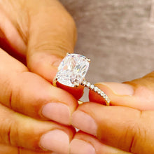 Load image into Gallery viewer, Cushion Cut Center Moissanite And Round Cut Sides Engagement Ring Four Prong set Bridal Wedding Ring For Her In 14K Solid Yellow Gold 5.00ct