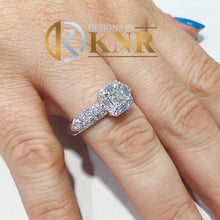 Load image into Gallery viewer, Princess Cut Moissanite And Round And Baguettes Sides Engagement Ring 14k Solid White Gold Wedding Ring Prong Set Halo Bridal Ring 2.00ctw