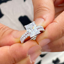 Load image into Gallery viewer, Radiant Cut Moissanite And Round Cut Sides Natural Diiamonds Engagement Ring And Matching Band bridal set set in 14k Solid White Gold 5.60ct
