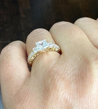 Load image into Gallery viewer, GIA Certified Natural Princess Cut And Round Cut Diamond Engagement Ring Antique Style 14k Solid Yellow Gold Three Stone Wedding Ring 1.50ct