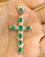 Load image into Gallery viewer, Natural Emerald Cut Green Emerald Cross Pendent Style 10K, 14K or 18K Solid Rose, Yellow or White Gold Men's Cross Men's Emerald Cross 2.50