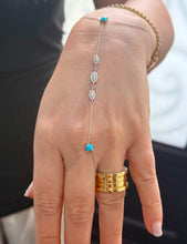 Load image into Gallery viewer, Finger Bracelet Turquoise And CVD Diamond Ring Bracelet 14k Solid White Gold Hand Chain Diamond Bracelet Marquee Shape Links 0.85ctw