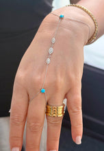 Load image into Gallery viewer, Finger Bracelet Turquoise And CVD Diamond Ring Bracelet 14k Solid White Gold Hand Chain Diamond Bracelet Marquee Shape Links 0.85ctw
