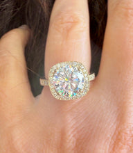 Load image into Gallery viewer, Round Cut Moissanite Engagement Ring Halo Split Shank Design Bridal Ring Halo Wedding Ring Filigree Style 14k Solid Yellow Gold 4.60