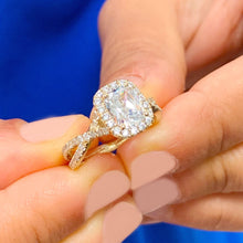Load image into Gallery viewer, Cushion Cut Moissanite And Round cvd Diamond Sides Engagement Ring 14k Solid Yellow Gold Bridal Wedding Ring Twisted Shank Halo 2.25ctw