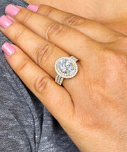 Load image into Gallery viewer, Oval Cut and Round Cut Diamond Engagement Ring IGI 14k Solid Yellow Gold Double Halo DesignBridal Ring Triple Shank Style Wedding Ring 2.70