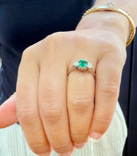 Load image into Gallery viewer, Asscher Cut Natural Green Emerald And Natural Round Cut Sides Diamonds Ring Three Stone Style Bridal Engagement 18k Solid White Gold 1.28ctw