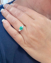 Load image into Gallery viewer, Asscher Cut Natural Green Emerald And Natural Round Cut Sides Diamonds Ring Three Stone Style Bridal Engagement 18k Solid White Gold 1.28ctw