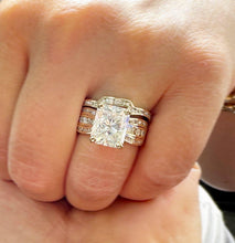 Load image into Gallery viewer, Radiant Cut And Round Cut IGI Certified Diamond Sides Engagement Ring And Matching Band 14k Solid Yellow Gold Wedding Set 5.20ctw G-VS2