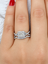 Load image into Gallery viewer, Princess & Round Diamond Halo Bridal Ring Set GIA Certified 14K White Gold 1.35 CTW
