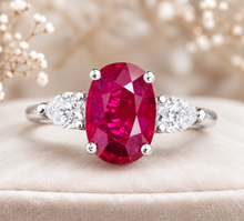 Load image into Gallery viewer, Oval Filled Ruby and Pear CVD Diamond Engagement Ring 14K Gold 3.80 CTW
