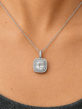 Load image into Gallery viewer, Cushion moissanite and round double halo pendant necklace in 14K white gold, shown worn