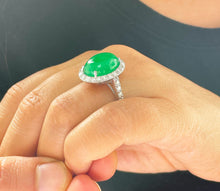 Load image into Gallery viewer, 14k solid white gold oval cut natural Jade and round cut natural diamond deco style engagemen halo ring 8.00ct