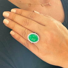 Load image into Gallery viewer, 14k solid white gold oval cut natural Jade and round cut natural diamond deco style engagemen halo ring 8.00ct