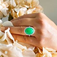 Load image into Gallery viewer, 14k solid white gold oval cut natural Jade and round cut natural diamond deco style engagemen halo ring 8.00ct