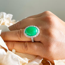 Load image into Gallery viewer, 14k solid white gold oval cut natural Jade and round cut natural diamond deco style engagemen halo ring 8.00ct