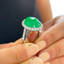 Load image into Gallery viewer, 14k solid white gold oval cut natural Jade and round cut natural diamond deco style engagemen halo ring 8.00ct