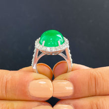 Load image into Gallery viewer, 14k solid white gold oval cut natural Jade and round cut natural diamond deco style engagemen halo ring 8.00ct