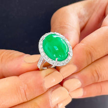 Load image into Gallery viewer, 14k solid white gold oval cut natural Jade and round cut natural diamond deco style engagemen halo ring 8.00ct