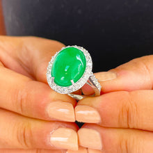 Load image into Gallery viewer, 14k solid white gold oval cut natural Jade and round cut natural diamond deco style engagemen halo ring 8.00ct