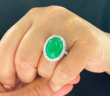 Load image into Gallery viewer, 14k solid white gold oval cut natural Jade and round cut natural diamond deco style engagemen halo ring 8.00ct