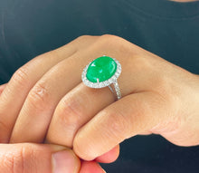 Load image into Gallery viewer, 14k solid white gold oval cut natural Jade and round cut natural diamond deco style engagemen halo ring 8.00ct