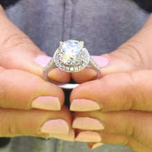 Load image into Gallery viewer, Large 14K White Gold Round Cut Forever One Moissanite Diamond Engagement Ring Halo Prong Bridal Wedding Halo Natural Diamonds 3.50ctw