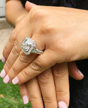 Load image into Gallery viewer, Huge Women's 14k Solid and Heavy White Gold Asscher Cut Moissanite and Round Cut Natural Diamonds Bezel Engagement Ring 4.60ctw