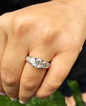 Load image into Gallery viewer, Women's 1.40 carat set in 14k solid white gold emerald cut diamond engagement ring three stone style, bridal, wedding, anniversry