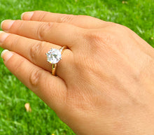 Load image into Gallery viewer, Large Four Carat set in 14k solid yellow gold round cut forever one moissanite engagement ring solitaire, bridal set, wedding, anniversary