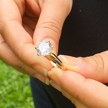 Load image into Gallery viewer, Large Four Carat set in 14k solid yellow gold round cut moissanite engagement ring solitaire, bridal set, wedding, anniversary