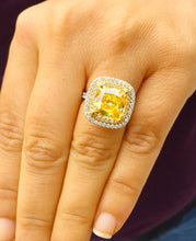Load image into Gallery viewer, Huge Women's 14k solid white and yellow gold cushion cut yellow citrine and natural diamond engagement ring Bridal Wedding Halo 4.20ctw