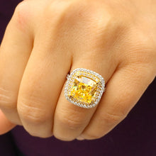 Load image into Gallery viewer, Huge Women's 14k solid white and yellow gold cushion cut yellow citrine and natural diamond engagement ring Bridal Wedding Halo 4.20ctw