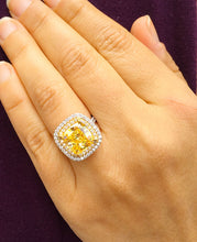 Load image into Gallery viewer, Huge Women's 14k solid white and yellow gold cushion cut yellow citrine and natural diamond engagement ring Bridal Wedding Halo 4.20ctw