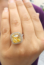 Load image into Gallery viewer, Huge Women's 14k solid white and yellow gold cushion cut yellow citrine and natural diamond engagement ring Bridal Wedding Halo 4.20ctw