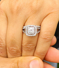 Load image into Gallery viewer, Women's 14k white gold round cut diamond engagement ring and band, prong set, anniversary, wedding, propose, bridal, double halo, 1.30ctw