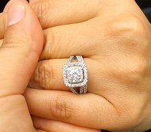Load image into Gallery viewer, Women's 14k white gold round cut diamond engagement ring and band, prong set, anniversary, wedding, propose, bridal, double halo, 1.30ctw