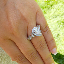 Load image into Gallery viewer, 14k solid white gold pear shape forever one moissanite and natural round cut diamonds engagement ring art deco antique style halo 2.20ctw