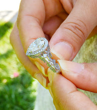 Load image into Gallery viewer, 14k solid white gold pear shape forever one moissanite and natural round cut diamonds engagement ring art deco antique style halo 2.20ctw