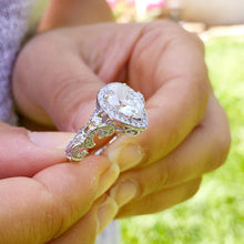 Load image into Gallery viewer, 14k white gold pear shape forever one moissanite and natural diamonds engagement ring deco Bridal Wedding Halo deco antique style 2.70ctw