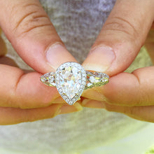 Load image into Gallery viewer, 14k solid white gold pear shape forever one moissanite and natural round cut diamonds engagement ring art deco antique style halo 2.70ctw