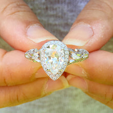 Load image into Gallery viewer, 14k solid white gold pear shape forever one moissanite and natural round cut diamonds engagement ring art deco antique style halo 2.70ctw