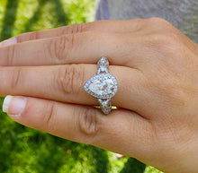 Load image into Gallery viewer, 14k white gold pear shape forever one moissanite and natural diamonds engagement ring deco Bridal Wedding Halo deco antique style 2.20ctw