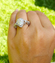 Load image into Gallery viewer, 14k solid white gold pear shape forever one moissanite and natural round cut diamonds engagement ring art deco antique style halo 2.70ctw