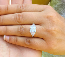 Load image into Gallery viewer, Large 14k solid white gold radiant shape and trillion cut forever one moissanite engagement ring art deco three stone style 3.50ctw