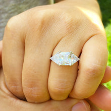 Load image into Gallery viewer, Large 14k solid white gold radiant shape and trillion cut forever one moissanite engagement ring art deco three stone style 3.00ctw