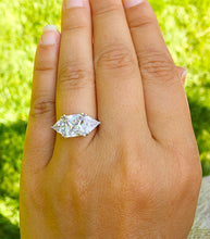 Load image into Gallery viewer, Large 14k solid white gold radiant shape and trillion cut forever one moissanite engagement ring art deco three stone style 3.00ctw