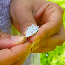 Load image into Gallery viewer, Large 14k solid white gold radiant shape and trillion cut forever one moissanite engagement ring art deco three stone style 3.00ctw