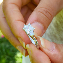 Load image into Gallery viewer, 14k solid white gold princess and round cut diamond engagement ring three stone style bridal wedding anniversary ring 1.50ctw